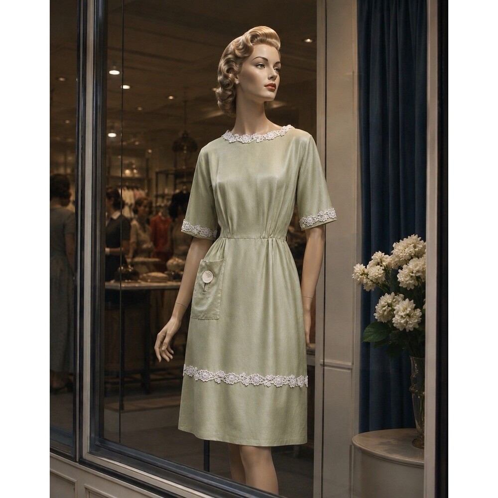 Vintage 1950s Tailored Dress Silk Grace Kelly Sage Green Midi Day Dress Manford